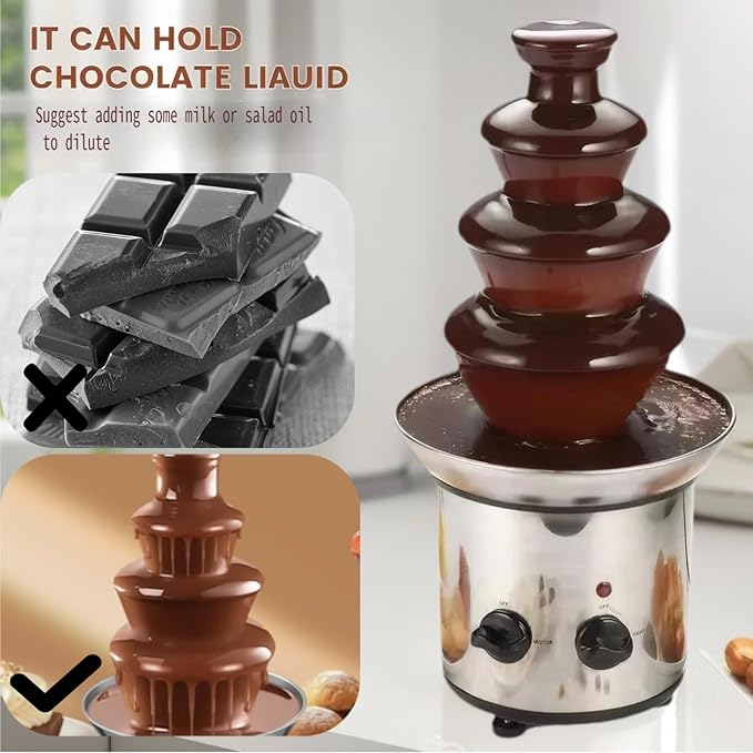 Chocolate Fountain Machine, 4 Tier Stainless Steel - 60-Ounce Electric Fondue Fountain with Temperature Control, Hot Chocolate Cheese Melting Heat Machine for Catering, Cafe, Hotel, Party, Wedding