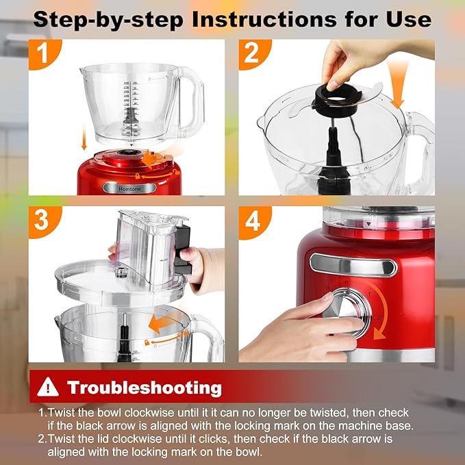 Homtone 16 Cups Food Processor, Extra Large Food Processors for Shredding, Slicing, Doughing and Chopping, 6 Blades 8 Functions for Home Use, 3 Speed, 600W, Red