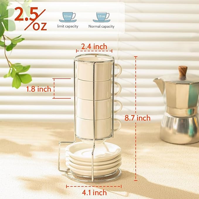 Sweese 2.5 Ounce Porcelain Stackable Espresso Cups with Saucers and Metal Stand Set of 4, White