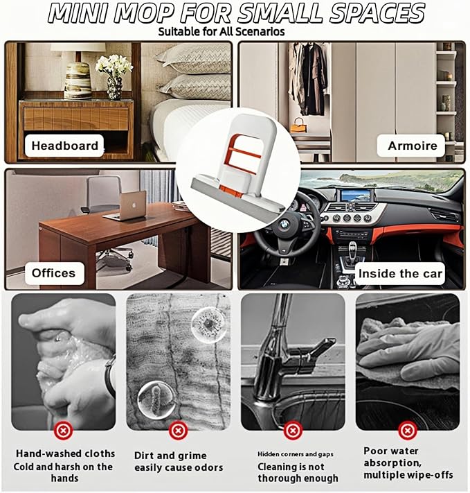 2-in-1 Self-Squeeze Portable Mop: 2 Extra Sponge Heads for Bathroom Corners, Kitchen Tiles, Car & RV Cleaning - Compact Travel Mop (Orange)