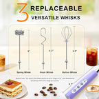 YUSWKO Light Purple Handheld Milk Frother Wand for Coffee, Rechargeable Electric Whisk with 3 Heads 3 Speeds Drink Mixer Coffee Frother For Latte, Cappuccino, Hot Chocolate, Egg