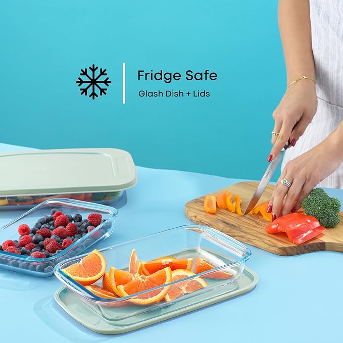 JoyJolt 8-Piece Borosilicate Glass Oven Dishes with Sage Green Lids, Rectangle Deep Glass Baking Dish Set, Baking Pans for Lasagna Casserole Cake, Bakeware Set, Freezer to Oven Tray to Dishwasher