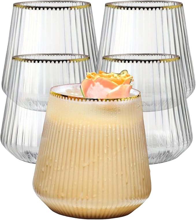 18 count origami ripple Unbreakable Stemless Plastic Wine Champagne Whiskey Glasses Elegant Durable Disposable Indoor Outdoor Ideal for Home, Office, Bars, Wedding, Ribbed 12 Ounce Cups (18, Gold Rim)