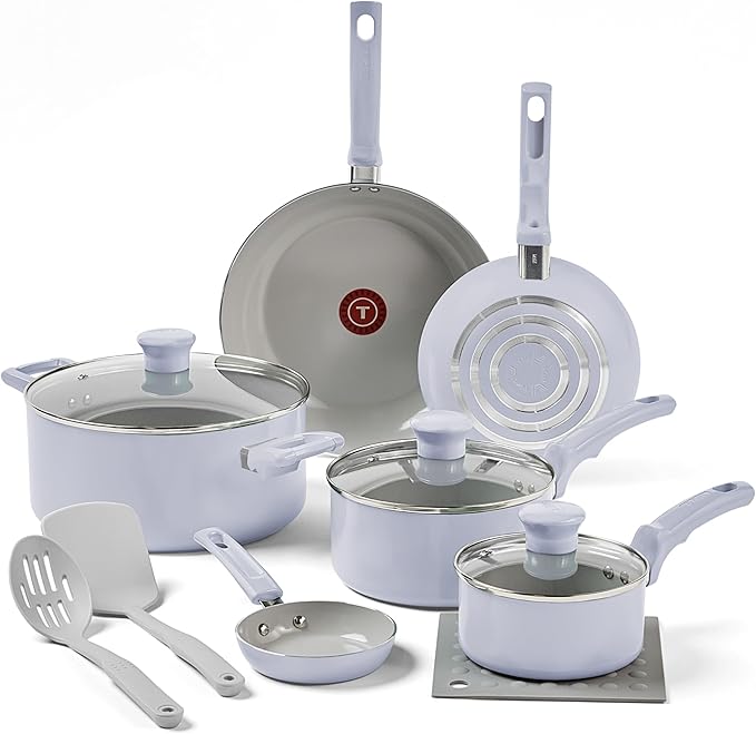 T-Fal Refresh Ceramic Nonstick Cookware Set, 12-Piece Nonstick Cookware, Oven Safe to 350°F, Stockpot, Griddle, Frying Pans, Utensils, Ceramic Pots and Pans Set, Blue