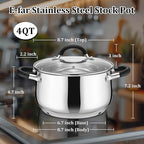 E-far 4 Quart Stockpot, Stainless Steel Pot with Visible Lid for Cooking Soup Pasta, Tri-Ply Thick Base for Induction Gas, Small Cooking Pot with Dual Heat Proof Handles, Non-Toxic & Dishwasher Safe