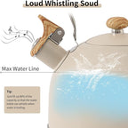 LONFFERY Tea Kettle for Stove Top, 2.5 Quart Whistling Tea Kettle, with Food Grade Stainless Steel and Wood Pattern Folding Handle, Creamy White