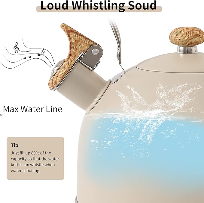 LONFFERY Tea Kettle for Stove Top, 2.5 Quart Whistling Tea Kettle, with Food Grade Stainless Steel and Wood Pattern Folding Handle, Creamy White