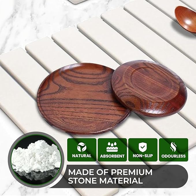 Large Stone Dish Drying Mat for Kitchen Counter, Instant Drying Pad, Super Absorbent Foldable Dish Drying Mat, 24"×16", White