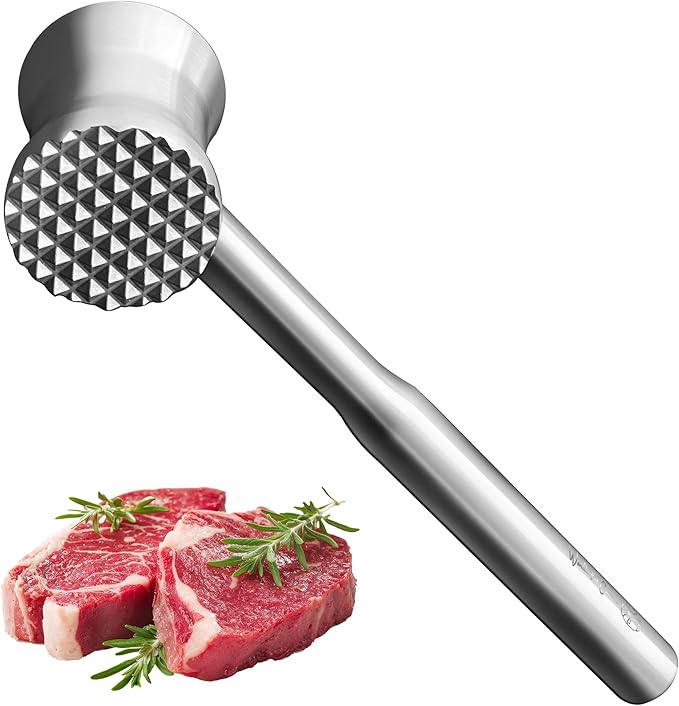 Stainless Steel Meat Tenderizer Hammer – Heavy-Duty All-Metal Design, Anti-Rust & Dishwasher Safe – Textured Surface for Steak, Chicken, Pork, and More