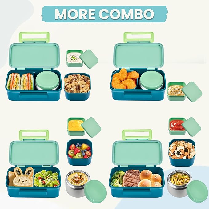 Kids Lunch Bento Box with Thermo Ice Pack Food Container with Insulated Lunch Bag, Insulated Water Bottle with Straw for Girls Boys,Green