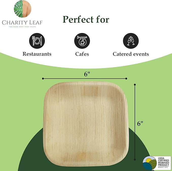Disposable Palm Leaf 6" Square Plates (50 pieces) Bamboo Like Serving Platters, Disposable Boards, Eco-Friendly Dinnerware For Weddings, Catering, Events