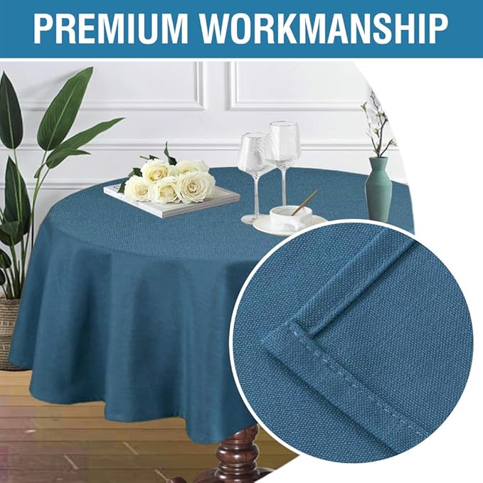 H.VERSAILTEX Linen Textured Table Cloths Round 60 Inch Premium Solid Tablecloth Spill-Proof Waterproof Table Cover for Dining Buffet Feature Extra Soft and Thick Fabric Wrinkle Free, Ink Blue
