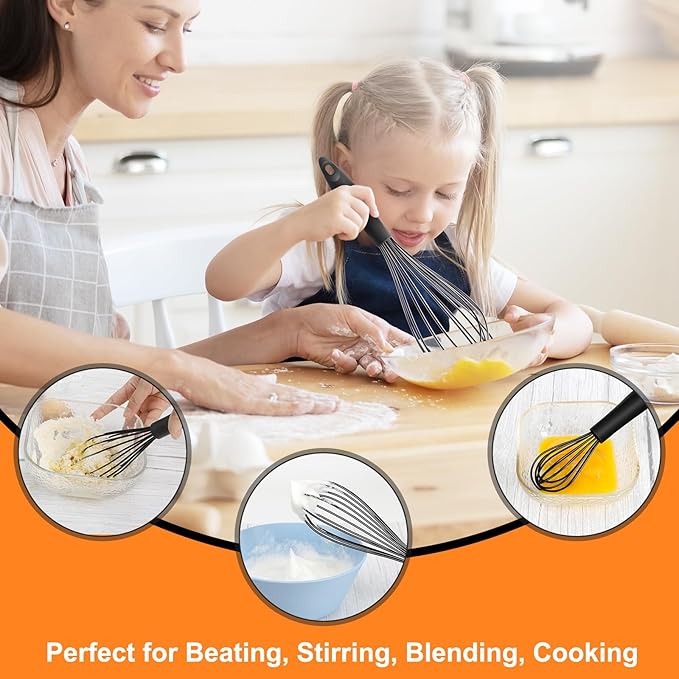 HOTEC 4 Pieces Silicone Whisks Set, Wire Balloon Whisks Egg Beater, Non-slip Handle Whisk for Non-stick Cookware Perfect for Cooking, Stirring, Beating and Blending (Black)