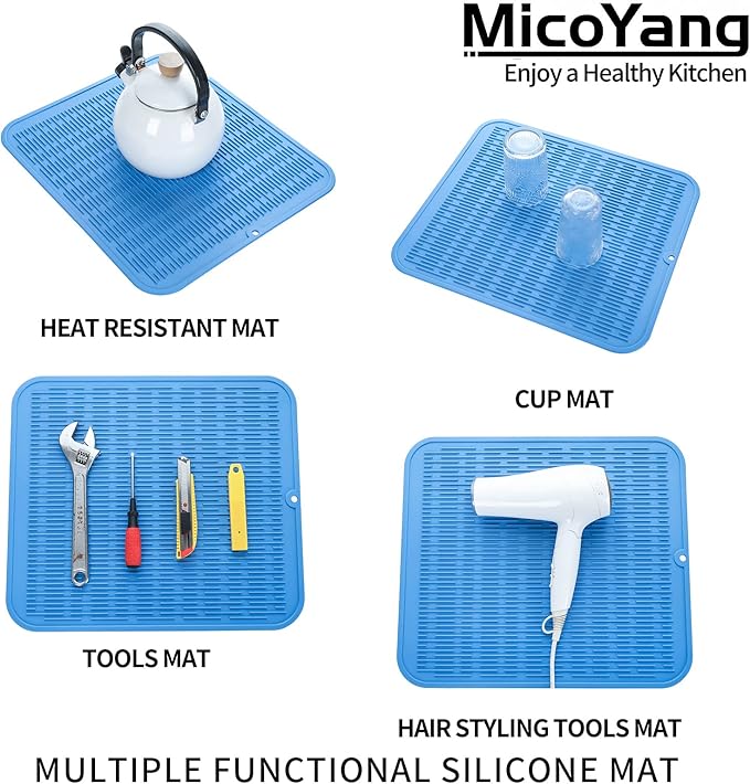 Silicone Dish Drying Mat for Multiple Usage,Easy clean,Eco-friendly,Heat-resistant Silicone Mat for Kitchen Counter or Sink,Refrigerator or Drawer Liner Lichen BlueL XL 18 inches x 16 inches