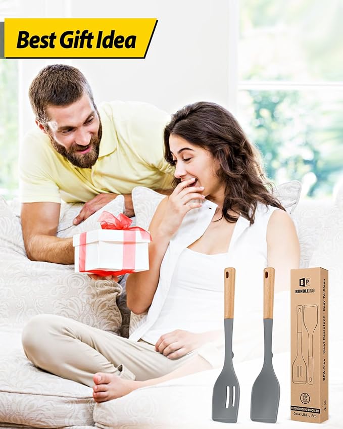 Pack of 2 Large Silicone Cooking Spoons, Heat Resistant Non Stick Kitchen Utensils with Wooden Handle, Ideal for Mixing, Stirring, Serving, Cooking(GRAY)