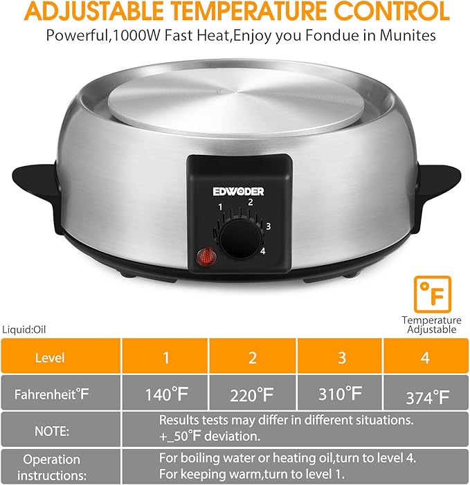 Electric Fondue Pot Set,2-Quart 1000-Watt Stainless Steel Fondue Maker with Temperature Control,8 Forks,Perfect for Chocolate, Cheese, Caramel