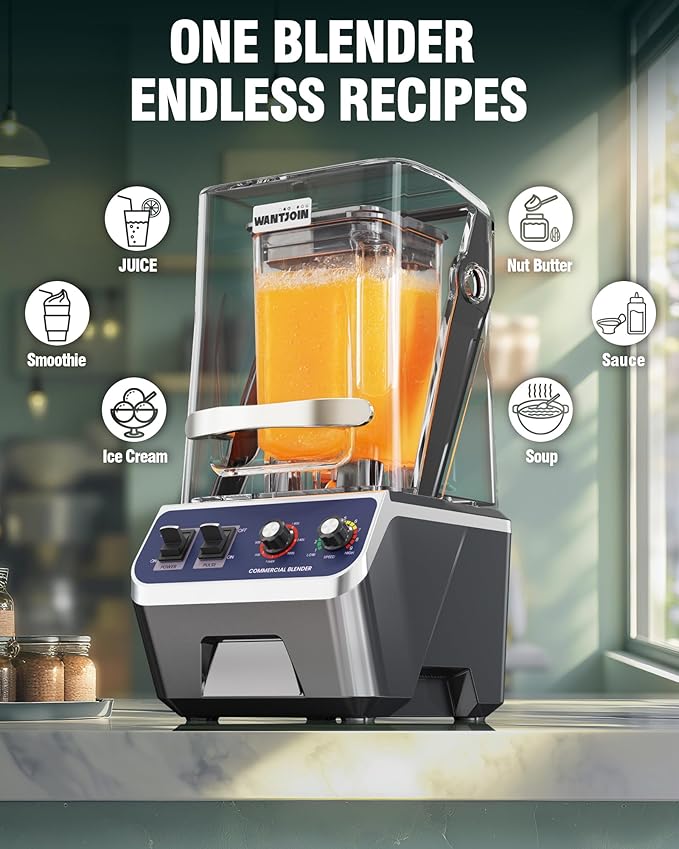 WantJoin Commercial Blender For Smoothies - 68Oz Professional Quiet Smoothie Blender with Shield, 2200W Upgraded Motor, 9 Speeds, 1-660s Timer, Blenders for Frozen Drinks Juice,Dishwasher Safe