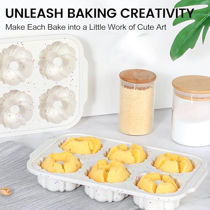 CAKETIME Mini Fluted Tube Pan with Metal Reinforced Frame, 6-Cavity Silicone Nonstick Small Cake Molds 2Pcs for Chocoflan, Donuts, Cornbread, Brownies, Jellies BPA Free