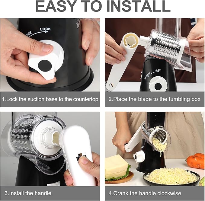 Cambom 5 in 1 Rotary Cheese Grater Hand Crank Cheese Shredder for Fresh Cheese, Vegetable, Nuts,Non-slip Suction Base, Black