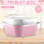 Aoriher 150 Pieces 10 oz Mini Cake Pans with Lids Aluminum Foil Baking Cups Square Disposable 4" x 4" Large Cupcake Cups Baking Tins for Kitchen Brownie Pudding Desserts Holders(Pink)