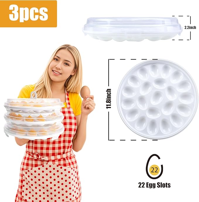 HANSGO Deviled Egg Containers with Lid, 3PCS Deviled Egg Platter Carrier Holder Trays with 66 Slots for Festival Party and Home Kitchen, White