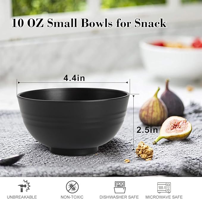 wheat straw snack bowls 10oz set of 8 - Unbreakable Dessert Bowls for kids - Mini Bowls for Ice Cream,Snack and Fruits - Microwave & Dishwasher Safe Appetizer Bowl Sets - Black