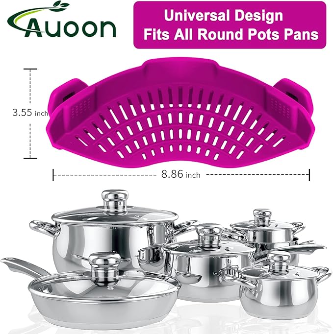 AUOON Clip On Strainer Silicone for All Pots and Pans, Pasta Strainer Clip on Food Strainer for Meat Vegetables Fruit Silicone Kitchen Colander (Purple)