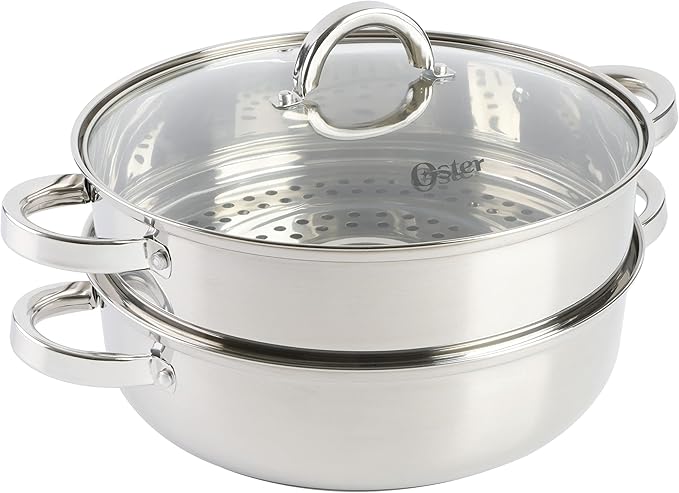 Oster Sangerfield 11-Inch Stainless Steel Everyday Cookware Pan with Steamer and Lid – Durable Nonstick Frying Skillet for Kitchen Cooking