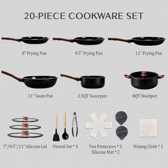 ROVSUN 20 Pcs Nonstick Pots and Pans Set, Cast Aluminum Kitchen Cookware Set, RV Kitchen Cooking Set and Utensils, PFAS PFOA & PFOS Free, Black, Skillet, Saute Pan, Soup Pot