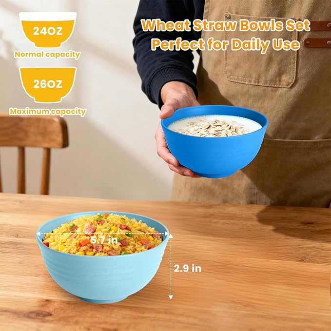 Homienly Wheat Straw Bowls, 8 PCS Microwave Safe Bowl Unbreakable for Salad, Soup, Cereal, Oatmeal, Reusable Plastic Bowls for Kithen, Family, Camping, Party, Dishwasher Safe, 26 OZ (Gradient Blue)