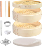 Bamboo Steamer Basket Set, 10-Inch 2-Tier Steamer for Cooking, Chopsticks Liners Sauce Dish Dumpling Making Tools, Steaming Asian Food, Bao Buns, Meat, Dim Sum, Rice, Vegetable Steam Pot