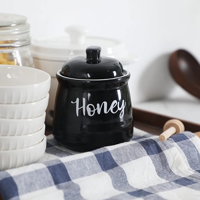 HAOTOP Farmhouse Porcelain Honey Jar with Dipper and Lid Set 12oz,Easy to Clean (Black)