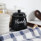 HAOTOP Farmhouse Porcelain Honey Jar with Dipper and Lid Set 12oz,Easy to Clean (Black)