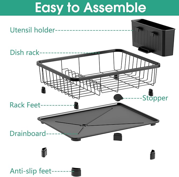 Dish Drying Rack - Space-Saving Dish Rack,Dish Racks for Kitchen Counter with Drainboard, Rustproof Dish Drainer with a Removable 4-Compartment Utensil Holder,Black