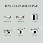 10 Pcs Stainless Steel Cookware Set, 8/9.5 Inch Frying Pan, 1.5/3 QT Saucepan, 3 QT Saute Pan and 8 QT Stock Pot, Suitable for All Cooking Hobs