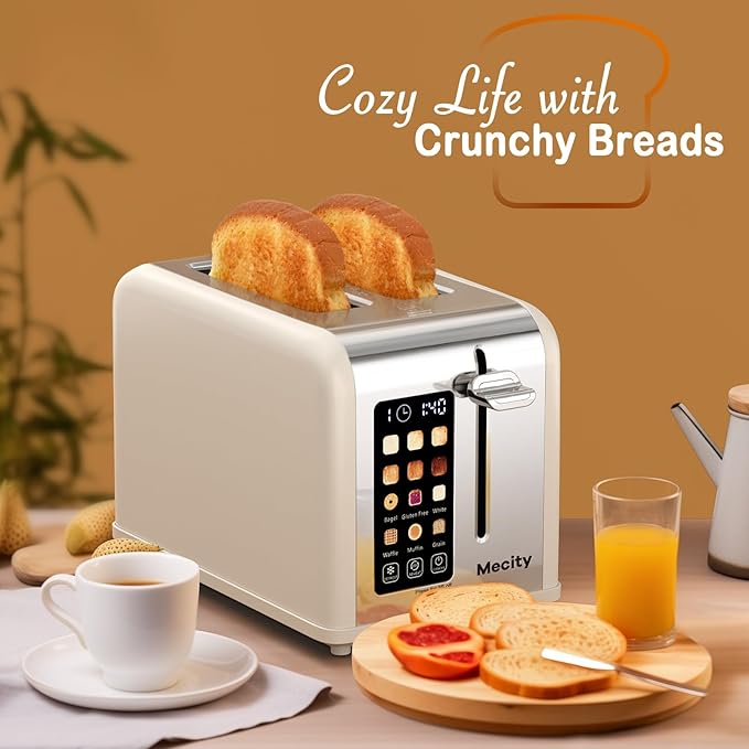 Mecity 2 Slice Touch Screen Toaster, 1.5" Wide Slot, Stainless Steel Smart Toaster for Bagels, Muffins, Waffles, Gluten-Free Breads, Defrost, Reheat, Timer, 120V 825W, Cream Color
