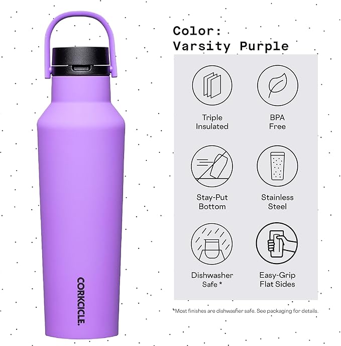 Corkcicle Sport Canteen Insulated Tumbler, Varsity Purple, 20 oz – Reusable Water Bottle Keeps Beverages Cold for 25 Hours & Hot 12 Hours