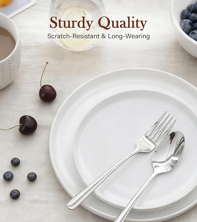 24 Piece Dinnerware Sets for 8 - Farmhouse Style Stoneware Plates and Bowls Sets - Scratch Resistant & Dishwasher Safe, Embossed Boho Ceramic Dish Set, Stack Compactly Dishware - Vintage White