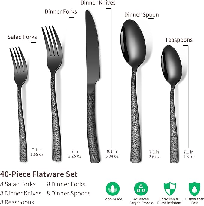 40-Piece Silverware Set, Black Hammered Stainless Steel Flatware Sets for 8, Food-Grade Tableware Set, Including Fork Knife Spoon Set, Durable Home Kitchen Cutlery Sets, Dishwasher Safe