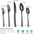 40-Piece Silverware Set, Black Hammered Stainless Steel Flatware Sets for 8, Food-Grade Tableware Set, Including Fork Knife Spoon Set, Durable Home Kitchen Cutlery Sets, Dishwasher Safe