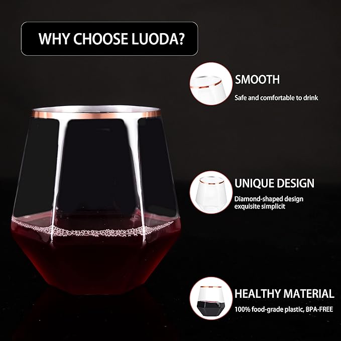 LUODA 32 Pack Rose Gold Diamond Wine Glasses, 12 Oz Stemless Rose Gold Rim Wine Glass, Disposable Clear Plastic Whiskey Glasses For Serving White Wine, Red Wine, Cocktail, Whiskey