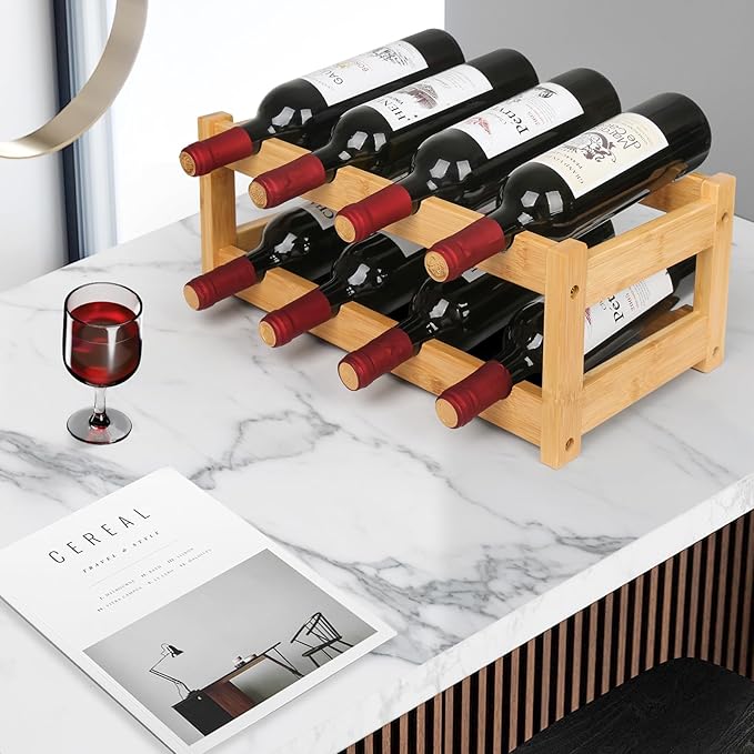 VASMIA Wine Rack, 2-Tier Bamboo Wine Racks Countertop Cabinet Wine Holder Wine Storage Shelf for Pantry Kitchen Bar, Natural