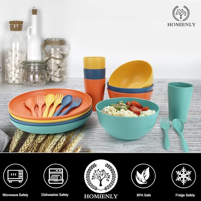 Homienly Wheat Straw Dinnerware Sets, 20pcs Dishes Dinnerware Sets Microwave and Dishwasher Safe, Lightweight Unbreakable Dish Set, Reusable Dinner Plates Kids Plates and Bowls Sets (Multicolor)