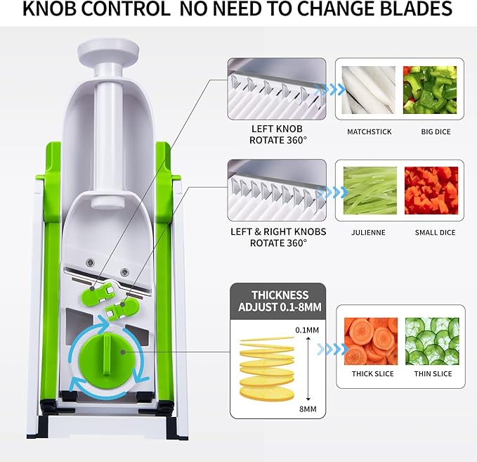 Safe Mandoline Slicer 5 in 1 Vegetable Chopper Food Potato Cutter, Strips Julienne Dicer Adjustable Thickness 0.1-8 mm Kitchen Chopping Artifact Fast Meal Prep