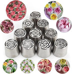 10 Pieces Extra Large Stainless Steel Seamless Russian Flower Piping Tips Kit for Marshmallow Bouquet,Cake Decorating Floral Icing Nozzles Set, 10 Icing Nozzles with 1 Clean Brush,1 Pastry Bag(XXL,A)