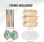 MacaRio Bamboo Steamer Basket Set 10 inch Steamer for Cooking, with Side Handles Chopsticks Ceramic Sauce Dishes Paper Liners, for Dim Sum Dumplings Buns Seafoods Rice Asian Foods