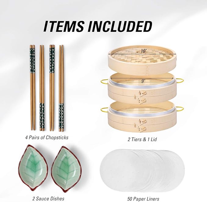 MacaRio Bamboo Steamer Basket Set 10 inch Steamer for Cooking, with Side Handles Chopsticks Ceramic Sauce Dishes Paper Liners, for Dim Sum Dumplings Buns Seafoods Rice Asian Foods