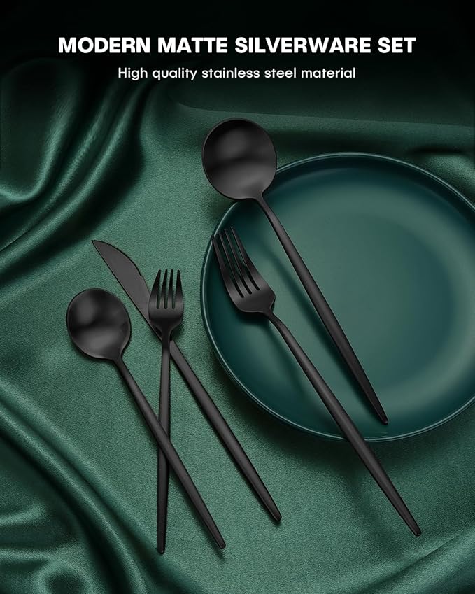 EUIRIO 20-Piece Matte Black Silverware Set, Modern Grey Flatware Set for 4, Premium Stainless Steel Cutlery Set with Forks Spoons and Knives, Heavy Duty Utensil Sets, Dishwasher Safe