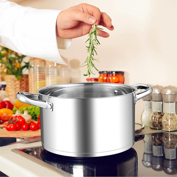 Leonyo 5 Quart Stock Pot with Lid, 18/10 3-ply Stainless Steel Stockpot for Induction Ceramic Gas Stoves, Heavy Duty Cooking Pot for Canning, Boiling, Simmering, Cooking Pot for Pasta, Soup, Spaghetti