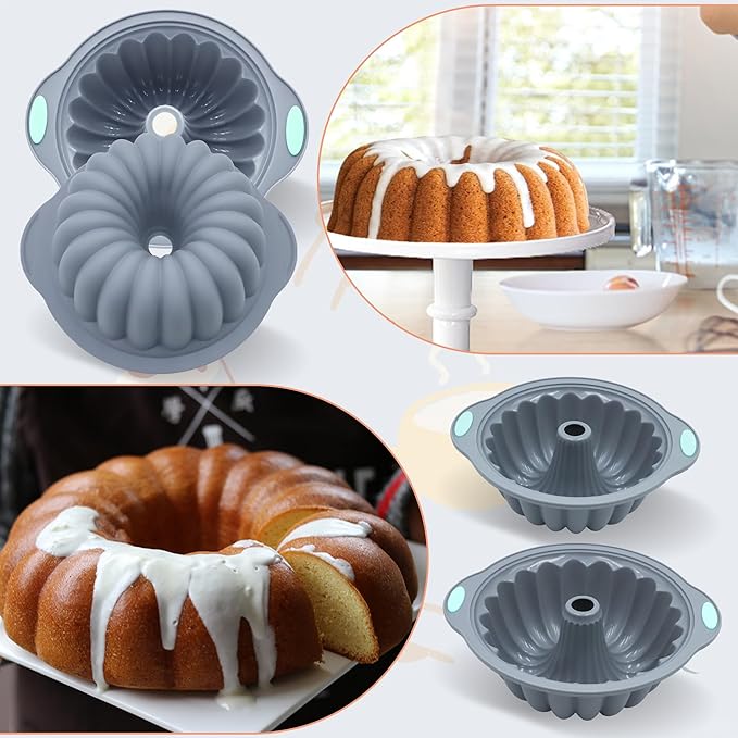 To encounter 65 Pieces Silicone Baking Pans Set, Metal Framed Silicone Tube Cake Pans, Nonstick Fluted Loaf Pans for Muffin, Cake, Bread, with Measuring Cups and Spoons Set, Light Grey